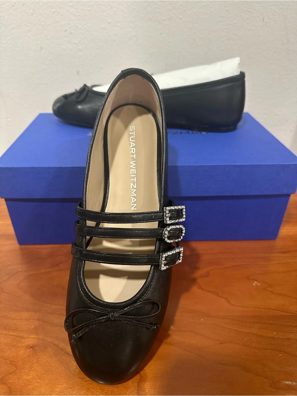 Stuart Weitzman Black Triple-Strap Ballet Flats with Rhinestone Buckles